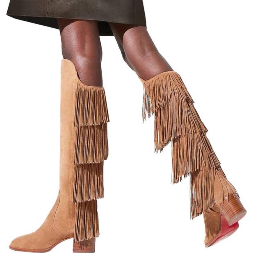 Christian Louboutin Light Brown Lion 55 Suede Fringe Over Knee Heel Boots (36.5)